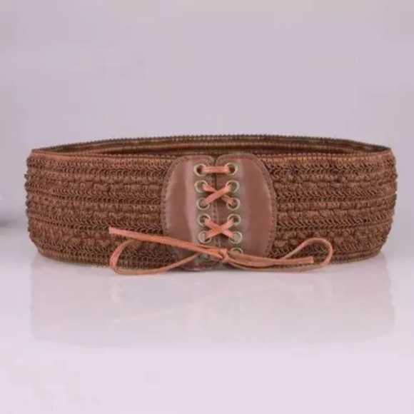 Accessories - Brown Stretchy Wide Woven Boho Belt Faux Leather